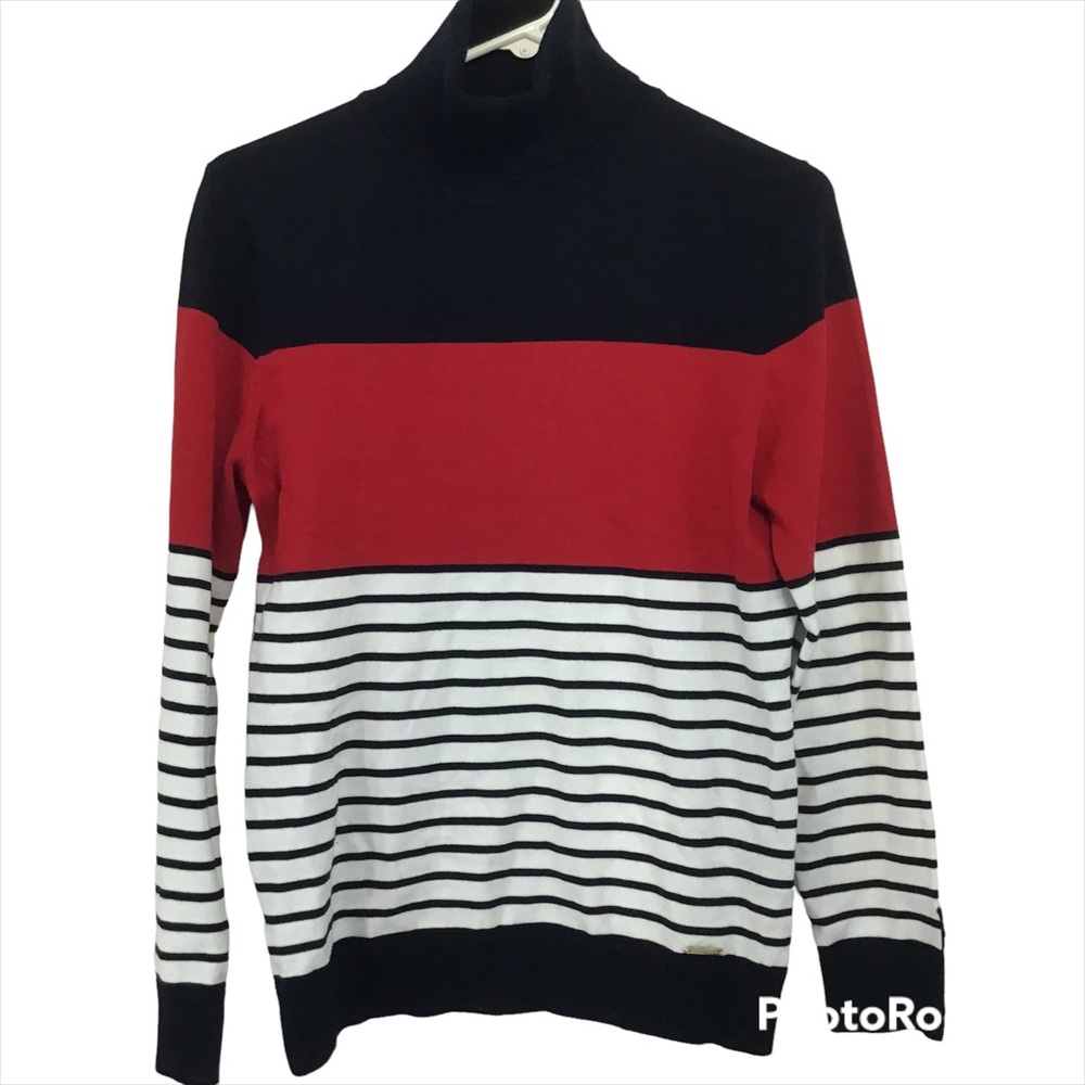 Tommy‎ Hilfiger Patriotic Breton Turtleneck Silver Button Sweater Classic Medium